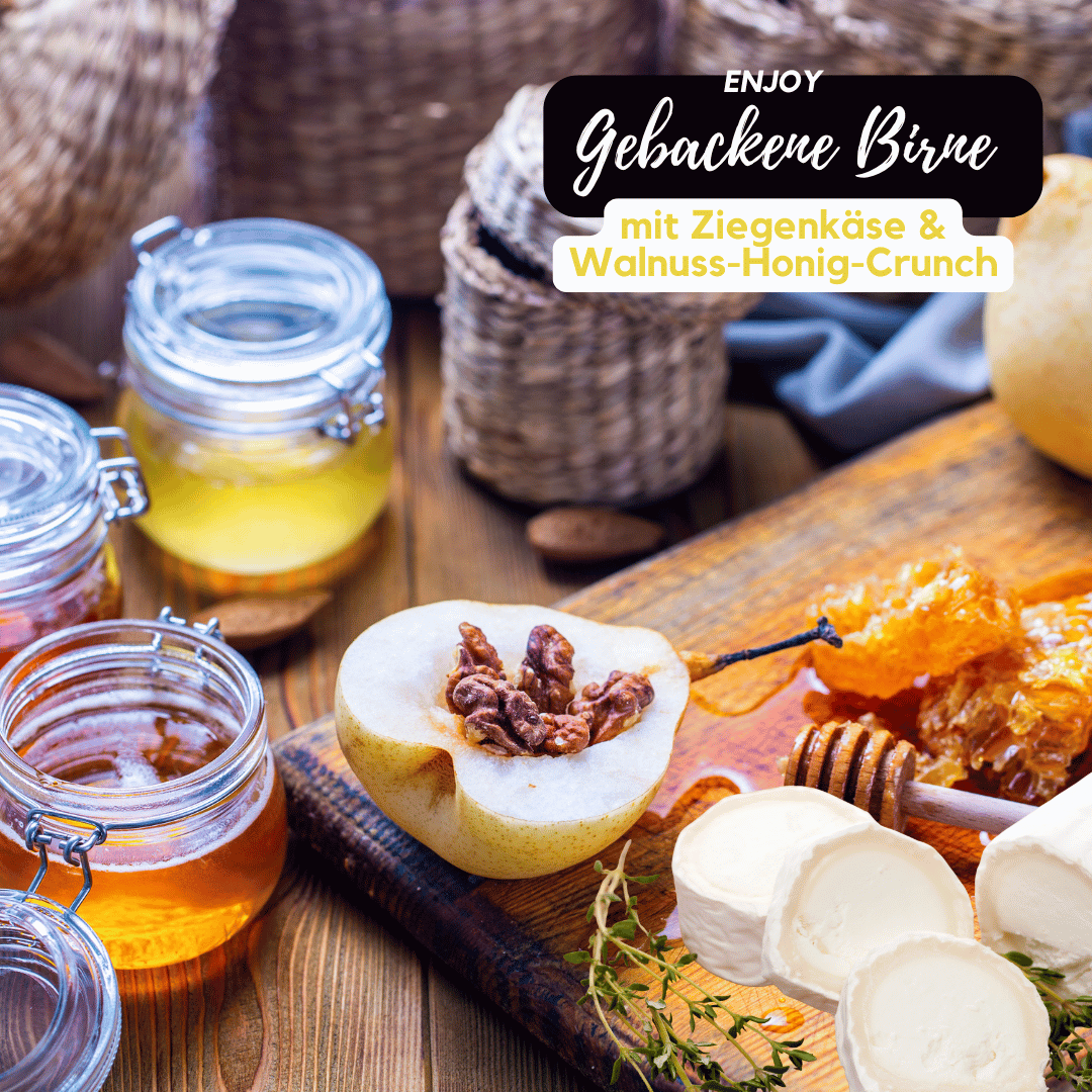 Gebackene Birne mit Ziegenkäse & Walnuss-Honig-Crunch